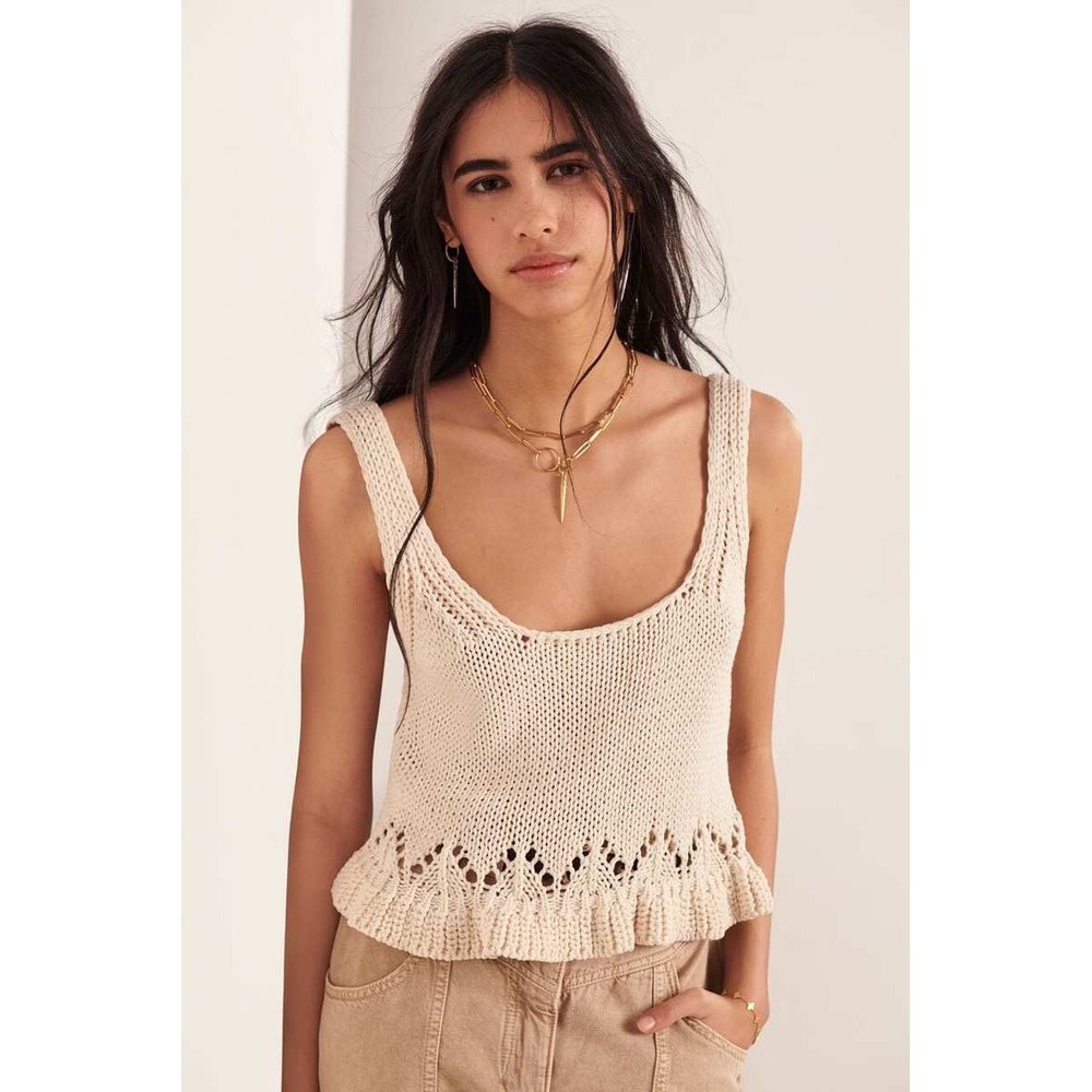 ba&sh Lady Pullover Knit Tank Top Cream Sleeveless Ruffle Hem Women's Medium